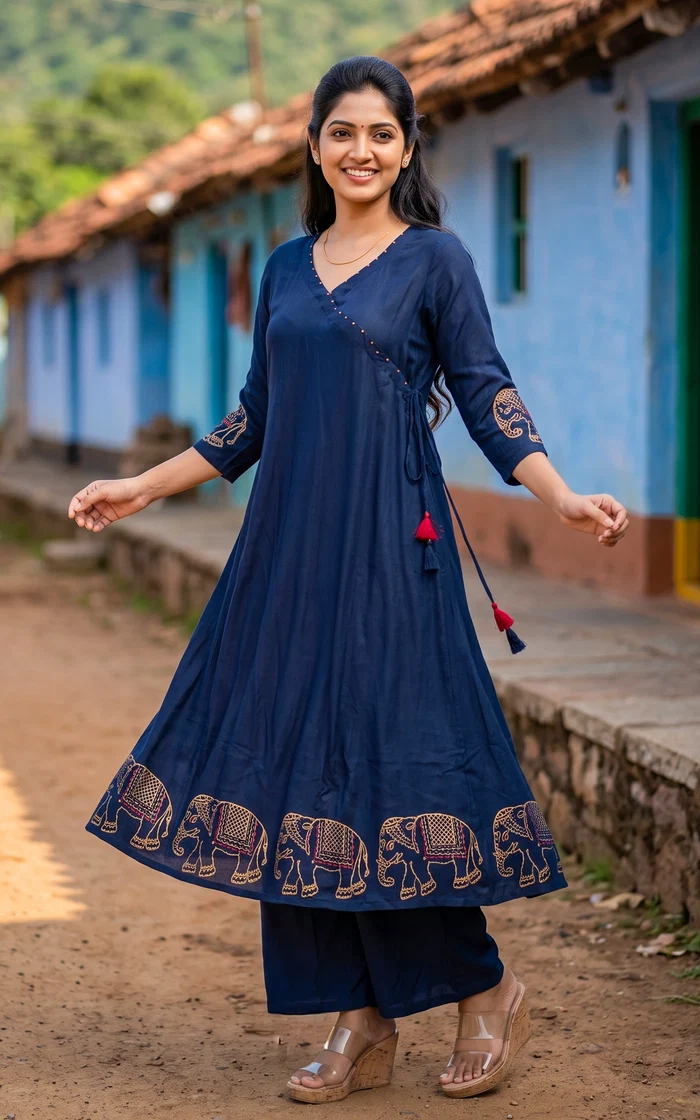 Navy Blue Angrakha Style Kurta with Palazzo